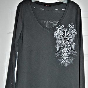 BEAUTIFUL TEA PARTY WOMEN'S M TOP GRAY RINESTONES ANGEL WINGS